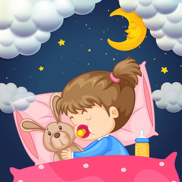 Niña en la cama por la noche