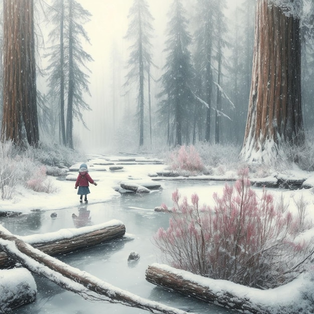 una niña caminando por el bosque en invierno