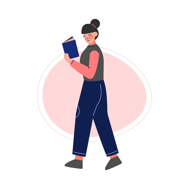 Vector niña caminando y leyendo un libro estudiante universitario o universitario mujer joven disfrutando de la lectura literatura ilustración vectorial