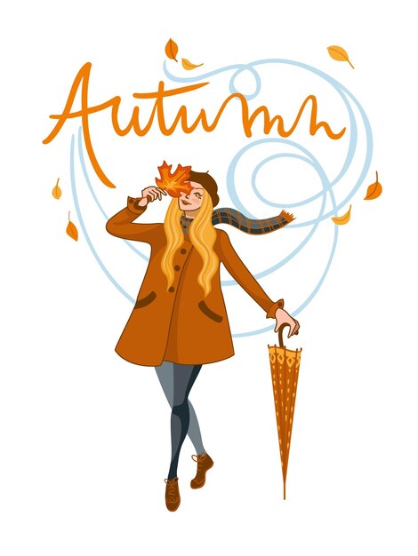 Niña caminando en el parque de otoño en tonos naranjas vibraciones de otoño ilustración vectorial