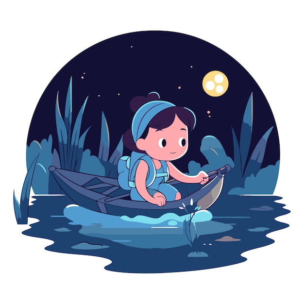 Vector niña en una canoa en el lago por la noche