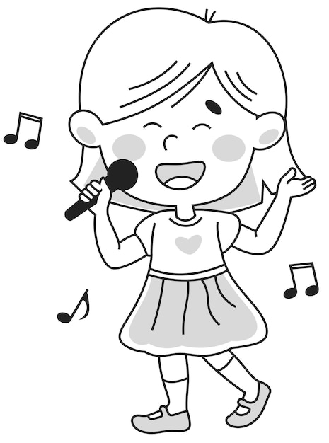 La niña canta con un micrófono Contorno ilustración en blanco y negro para colorear