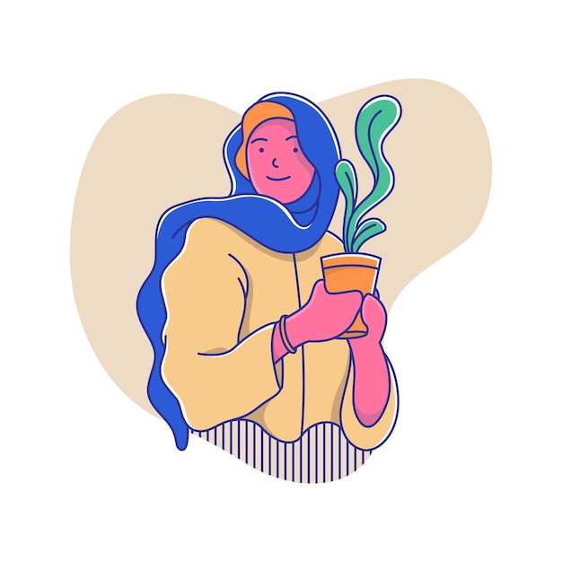 Una niña cargando una maceta llena de plantas.