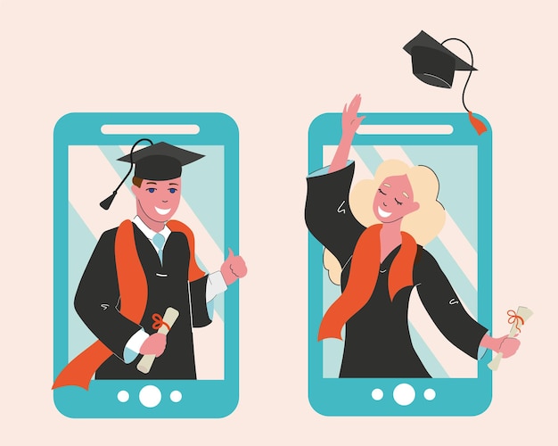 La niña y el chico recibieron un diploma en formato online, graduación. Educación a distancia.
