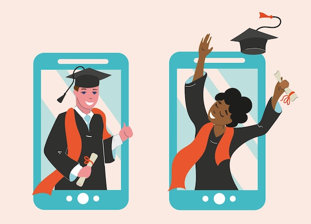 La niña y el chico recibieron un diploma en formato online, graduación. Educación a distancia.