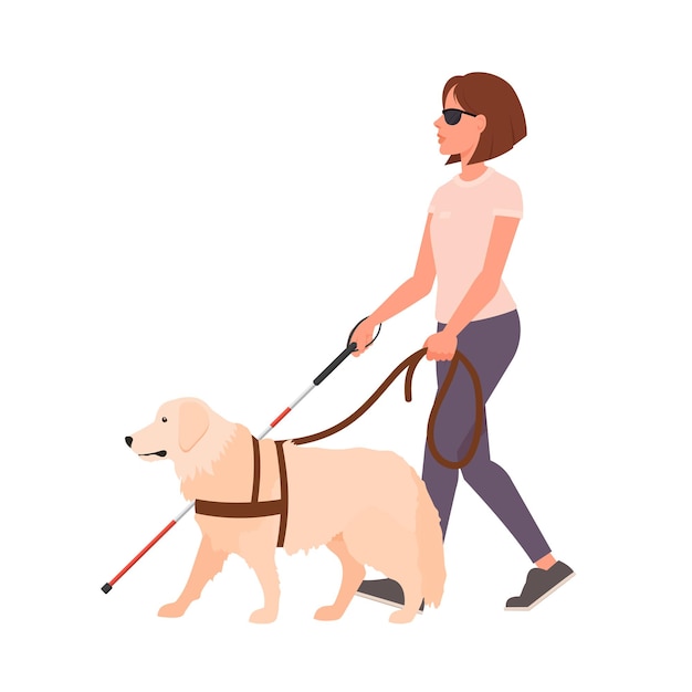 Vector niña ciega caminando con un perro guía