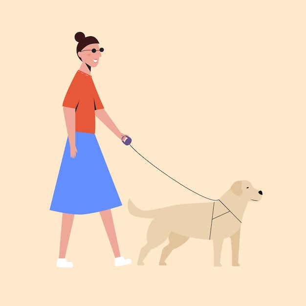 Niña ciega paseando con un perro guía. vector aislado sobre fondo blanco.