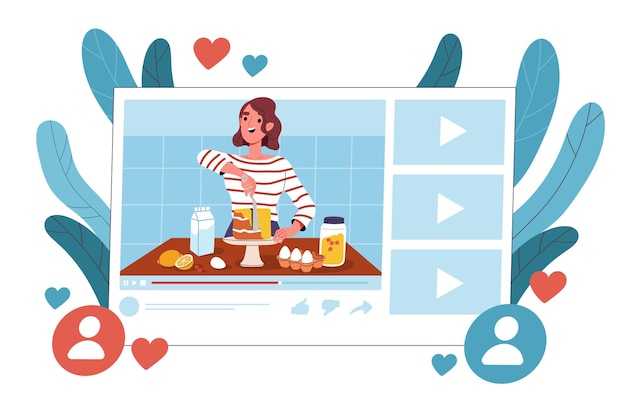 Niña cocina en concepto de video Mujer blogger con ingredientes Preparación de panadería casera Instrucciones y guía Ilustración vectorial plana de dibujos animados aislada sobre fondo blanco