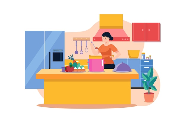 Niña cocinando comida en el escritorio de la cocina