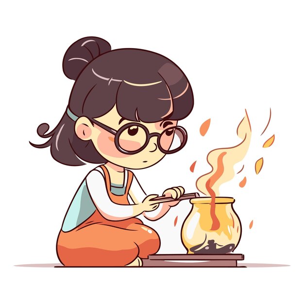 Niña cocinando en una olla de una niña con gafas