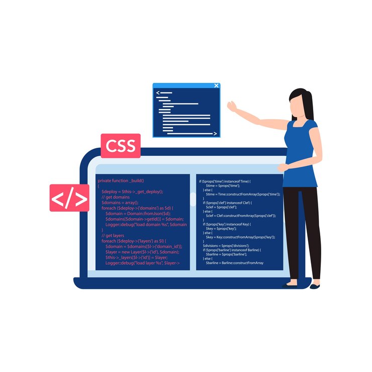 Vector niña codificando css en su portátil