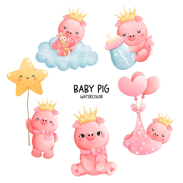 Niña, colección de cerdo bebé, ilustración vectorial