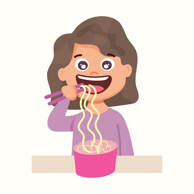 La niña come fideos. Ilustración de vector de estilo plano