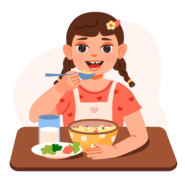 La niña come gachas de avena para el desayuno Ilustración de vector plano de nutrición infantil