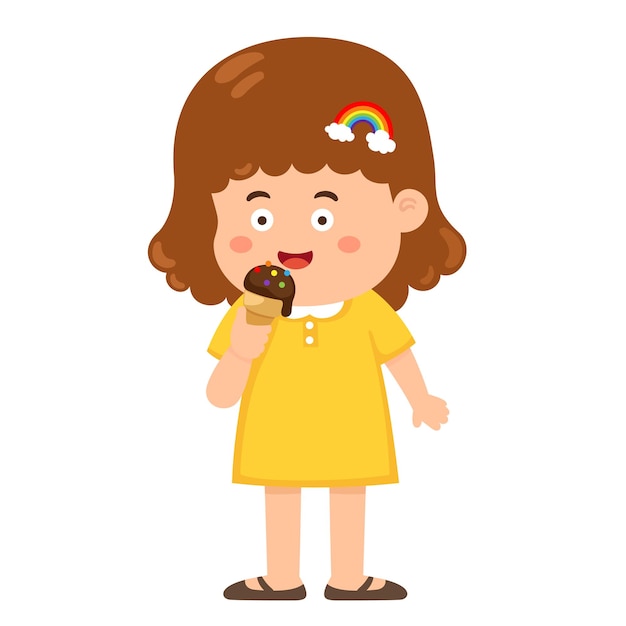 La niña come helado dulce y se siente feliz