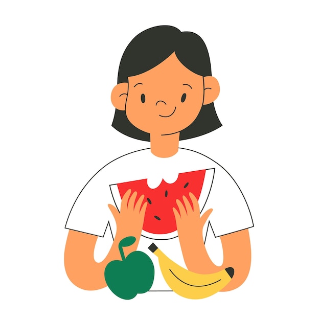 niña, comida, fruta, niño, come, sandía, rebanada, manzana, plátano, caricatura, vector, ilustración, aislado