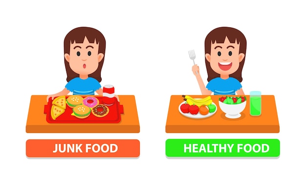 Niña con comida sana y chatarra.