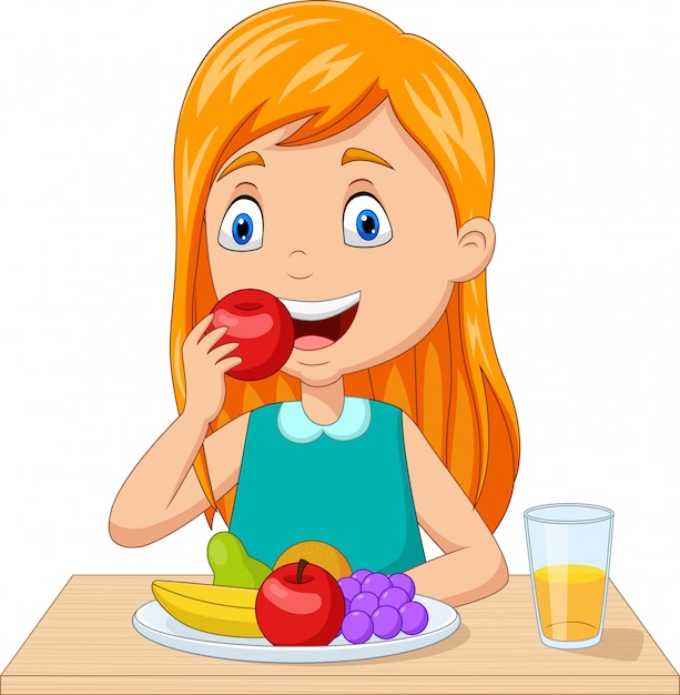 Vector niña comiendo frutas en la mesa