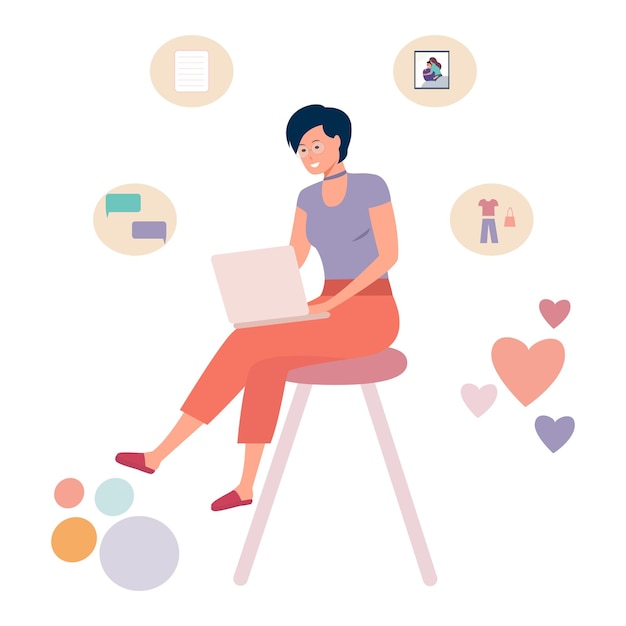 Una niña compra productos en Internet chateando trabajando en línea usando su computadora portátil Ilustración de vector plano