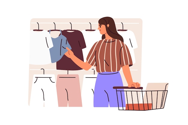 Vector niña compradora eligiendo ropa mujer joven comprando en una tienda de moda cliente compradora femenina con un carrito buscando prenda colgada en el centro comercial ilustración vectorial plana aislada sobre fondo blanco