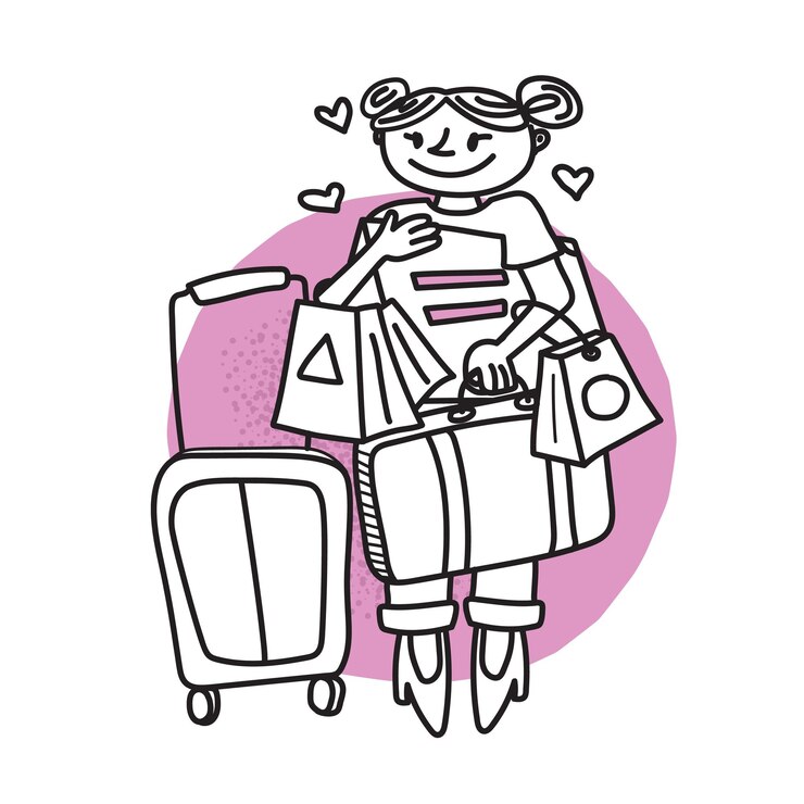 Vector la niña compró un montón de cosas en un viaje de compras con compras para un artículo de revista