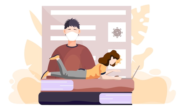 Vector una niña con una computadora portátil se encuentra en libros y trabaja o estudia en su computadora desde casa durante covid-19