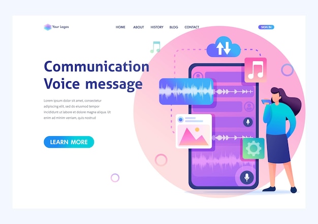 La niña se comunica mediante el envío de mensajes de voz. Concepto moderno de comunicación. Carácter 2D plano. Conceptos de página de destino y diseño web.