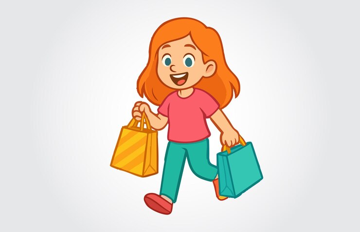 Vector niña corriendo con bolsas de compras
