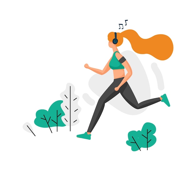 Vector niña corriendo en el parque y escuchando música o podcast mujer corriendo al aire libre estilo de vida saludable joven corredor con auriculares haciendo ejercicio actividad deportiva entrenamiento de atleta con reproductor musical entrenamiento vectorial