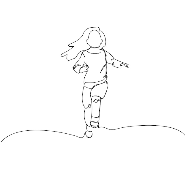 Niña corriendo y saltando arte de una línea dibujo de línea continua niño infancia jugar niño niña