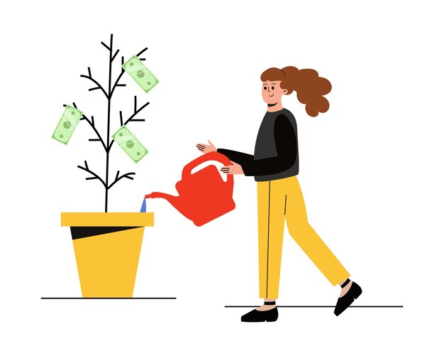 La niña crece un árbol de monedas Una mujer riega un árbol de monedas