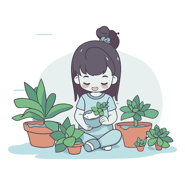 Vector niña cuidando de las plantas de interior ilustración vectorial de dibujos animados