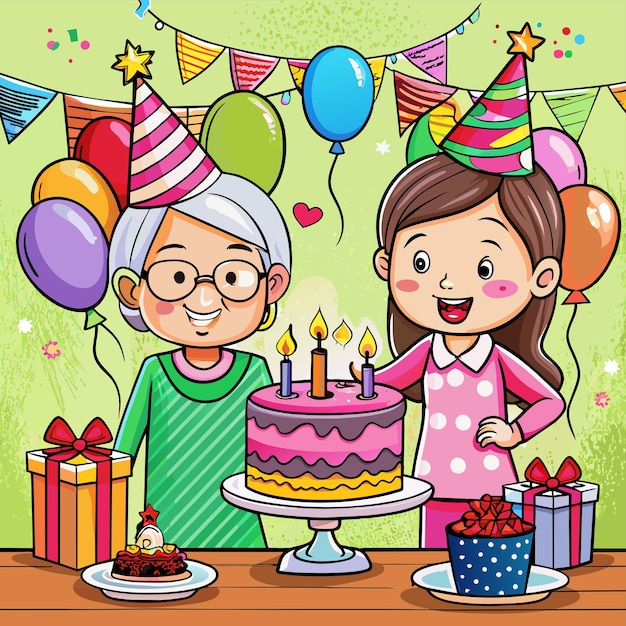 Niña de cumpleaños con abuela dibujado a mano personaje de dibujos animados pegatina icono concepto aislado