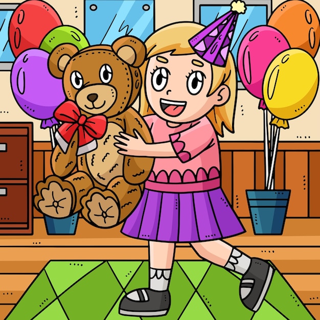 Niña de cumpleaños con un oso de peluche de dibujos animados de colores
