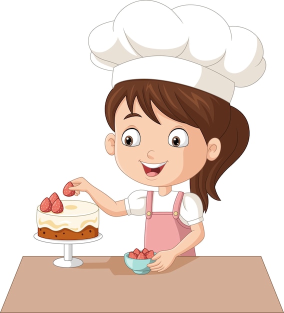 Niña decorando un pastel con frutas de fresa