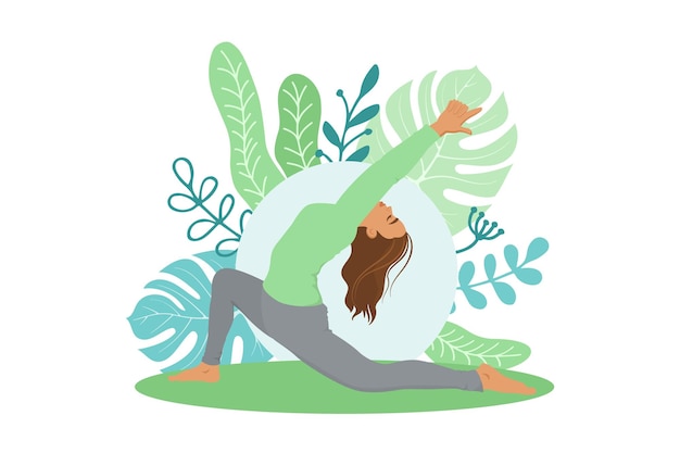 La niña se dedica al yoga en el fondo de una composición floral abstracta Ilustración vectorial