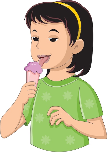 niña, degustación, helado, con, lengua, vector