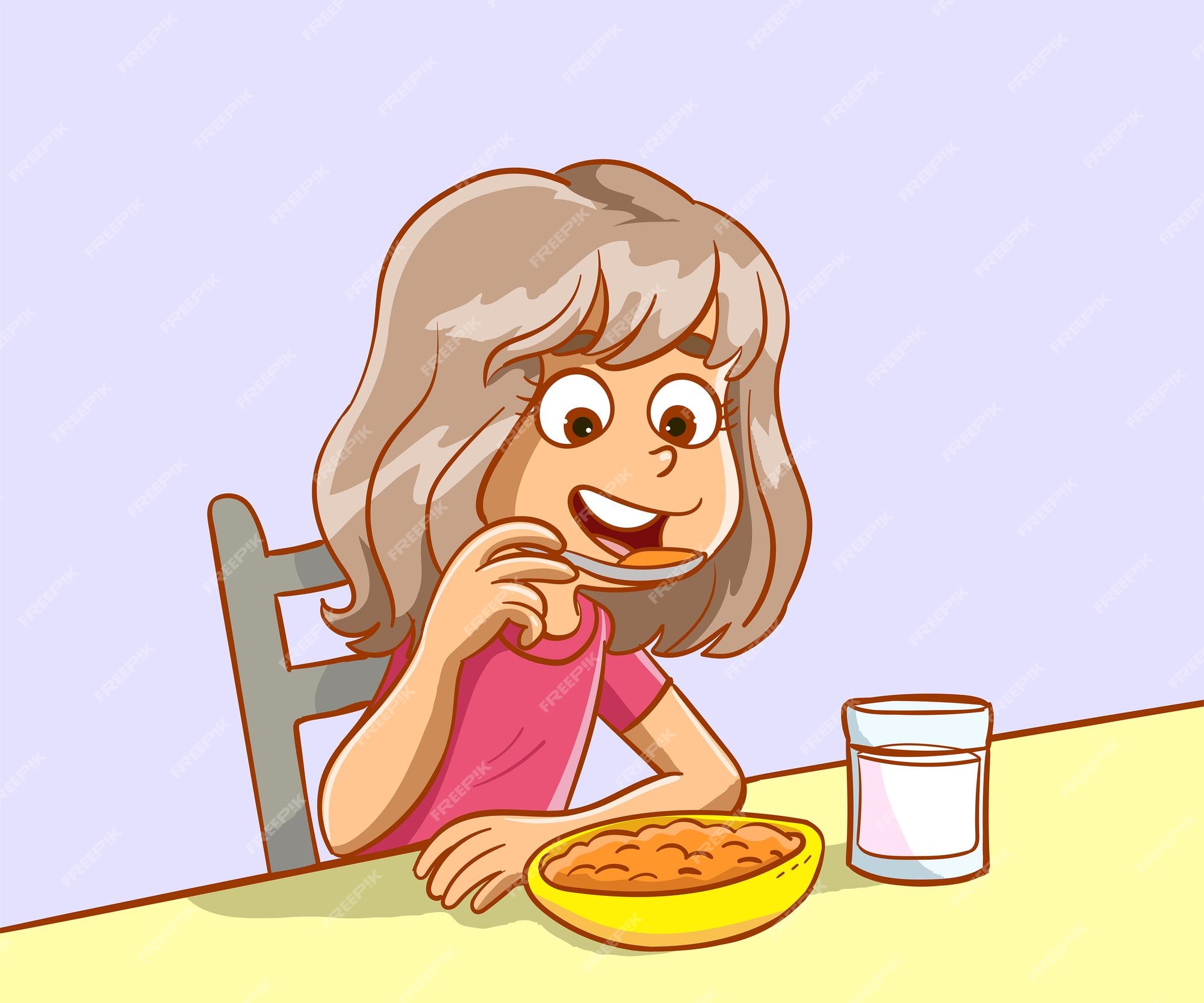 Niña con desayuno saludable, rutina diaria, ilustración vectorial de  dibujos animados | Vector Premium