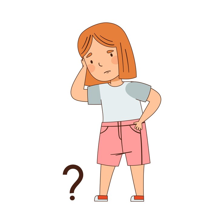Vector niña desconcertada con un signo de pregunta rascándose la cabeza ilustración vectorial de asombro