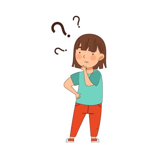 Niña desconcertada con un signo de pregunta rascándose el mentón Ilustración vectorial de preguntas