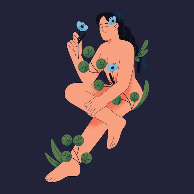 Niña desnuda con cola de cerdo sostiene una flor en la mano Hojas de plantas envuelven a la mujer desnuda Cuidado personal amarse a sí misma Unidad con la naturaleza Sensualidad femenina Aceptación del cuerpo Ilustración de vector aislado plano