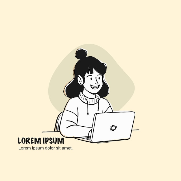 Una niña dibuja dibujos animados a mano trabajando en una computadora
