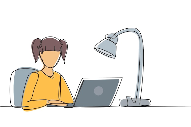 Niña dibujando una sola línea continua estudiando con una computadora portátil y una lámpara de estudio sentada en una silla alrededor del escritorio