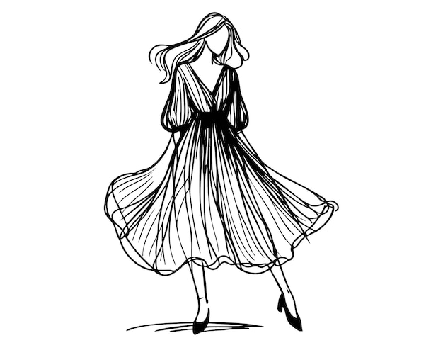 Niña en dibujo vestido dibujo de moda