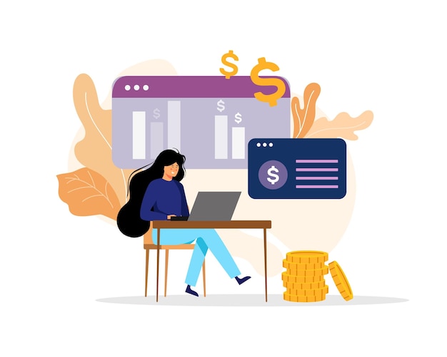 Niña de dibujos animados analiza su gasto en un gráfico en una computadora portátil Personas que planifican el presupuesto Proceso de análisis del presupuesto personal o corporativo Contabilidad y cálculo de ingresos financieros Vector