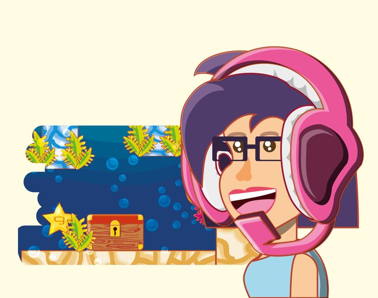 Vector niña de dibujos animados con auriculares jugando videojuegos sobre fondo amarillo