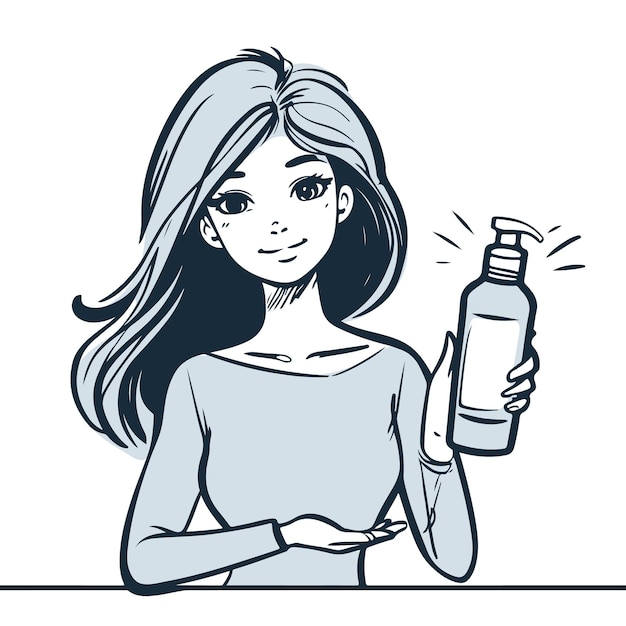 Niña de dibujos animados con una botella de crema El boceto anuncia el producto
