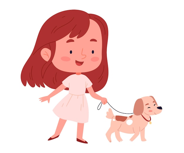 Una niña de dibujos animados camina con un perro un niño lindo feliz jugando con el perro
