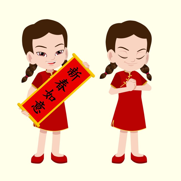 Niña de dibujos animados chinos saludando el año nuevo chino en cheongsam