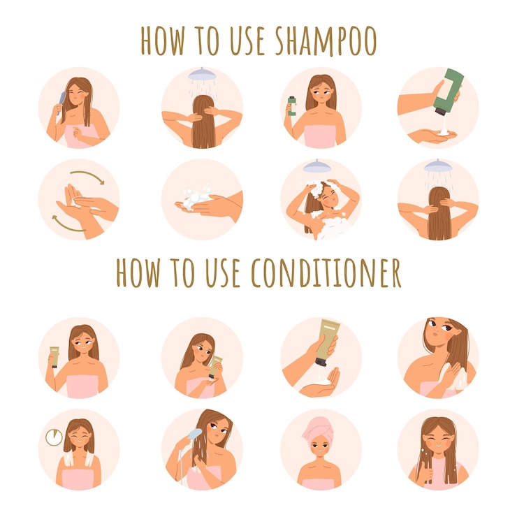 Vector niña de dibujos animados cuidado del cabello el uso de champú y acondicionador instrucciones paso a paso salud de la cabeza procedimientos de belleza de rutina diaria conjunto vectorial cómodo